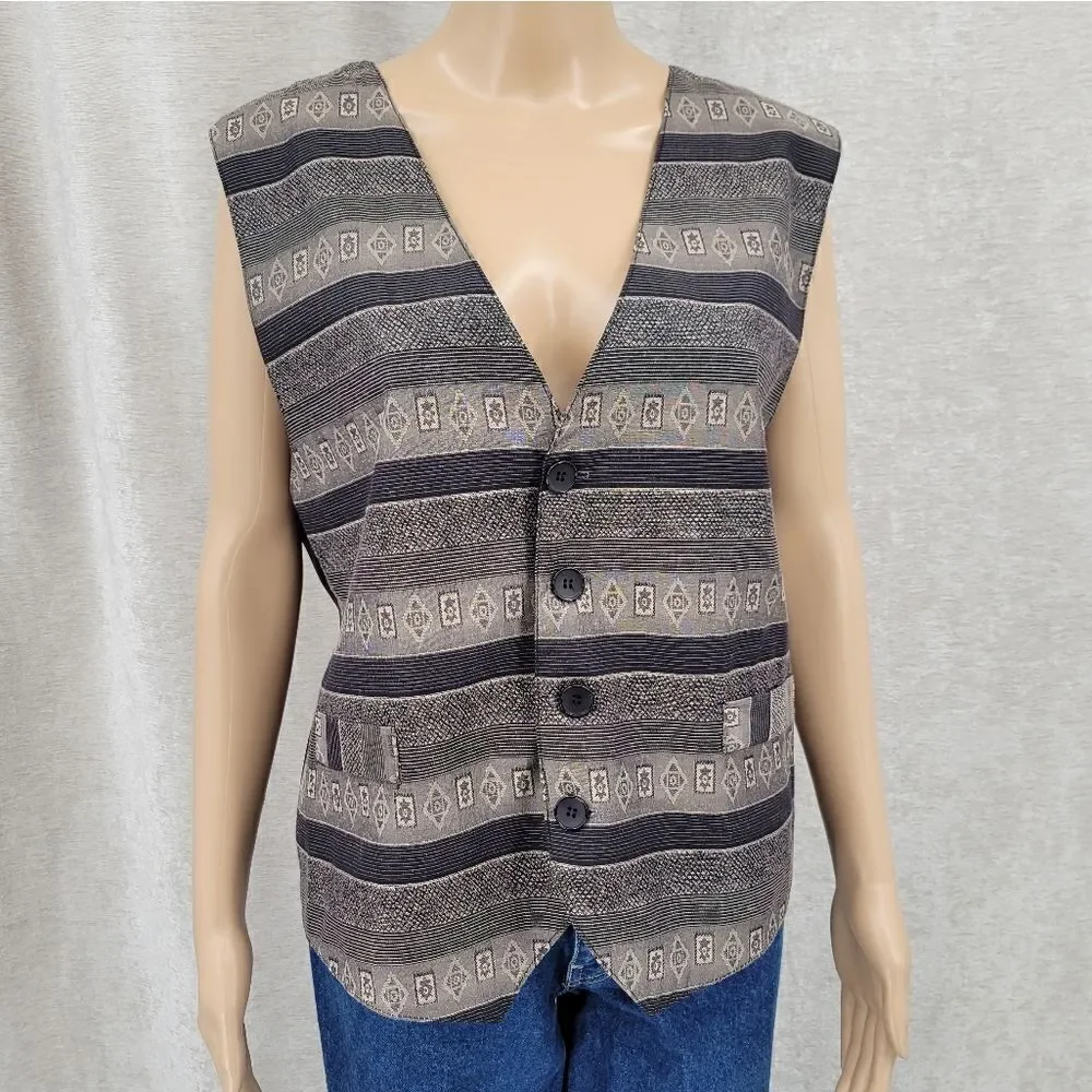 Retro Vintage Black Gray Tribal Western Waistcoat Vest Unisex Size Medium